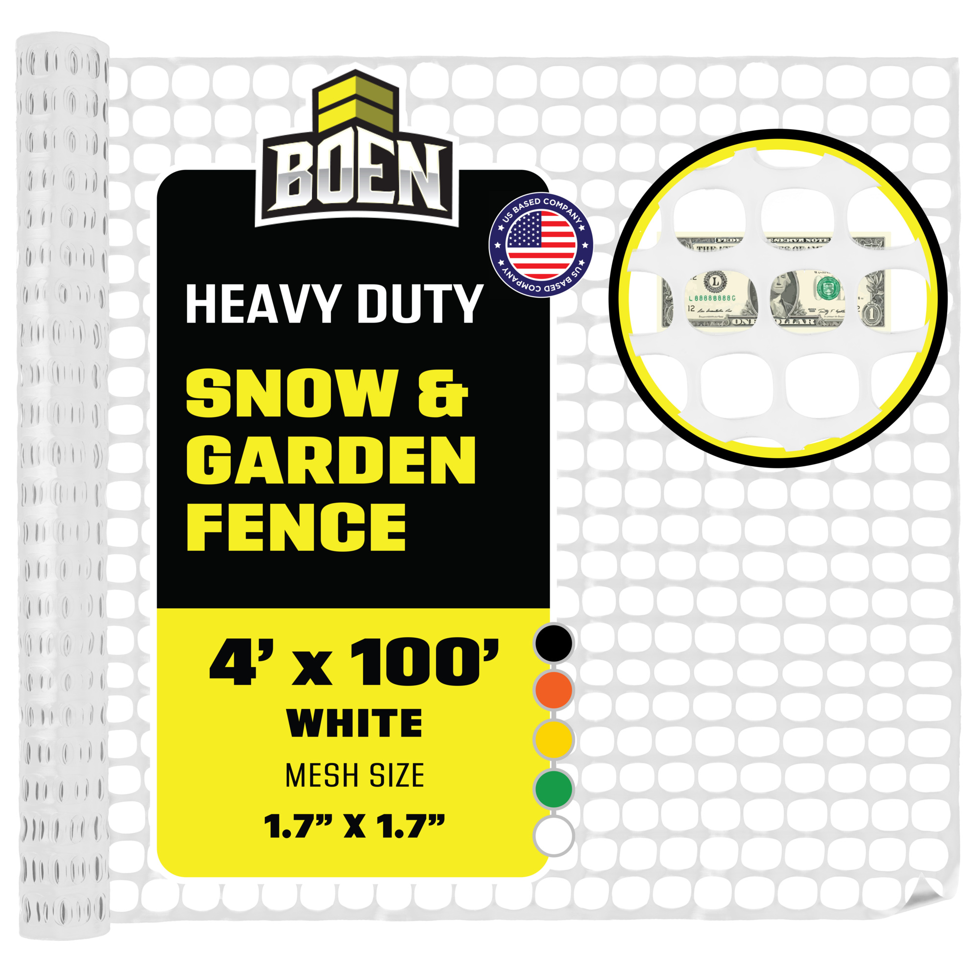 Boen White Safety Fence, 4 ft x 100 ft, Temporary Construction Fencing, Mesh Snow Fence, Plastic Garden Netting, Above Ground Barrier, for Deer, Kids, Swimming Pool, Silt, Lawn, Rabbits, Poultry, Dogs